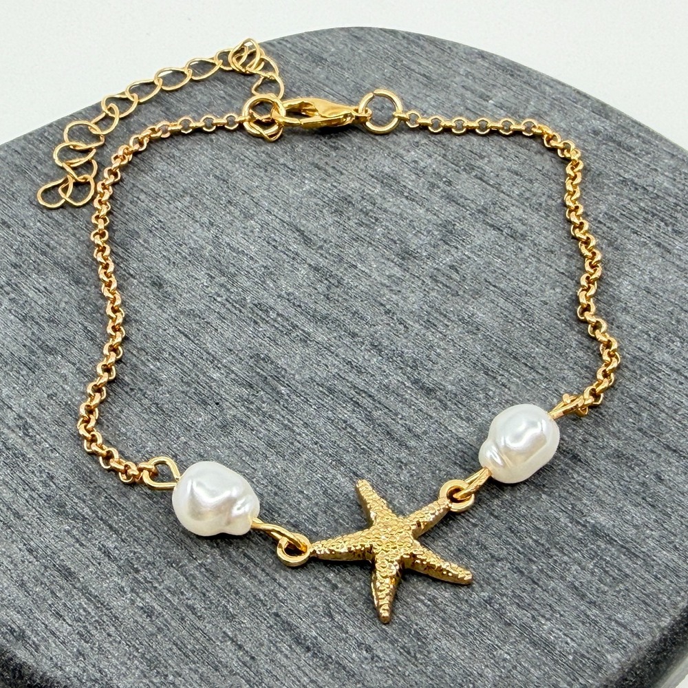 Gold Tone Starfish Bracelet Coastal Beach Jewelry White Pearl Accent Trendy Gift - Picture 10 of 14